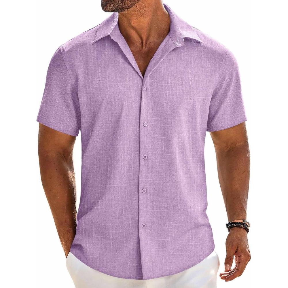 imageCOOFANDY Mens Button Down Shirt Short Sleeve Casual Shirts Beach Summer Linen Shirts Wedding Vacation ShirtLight Purple