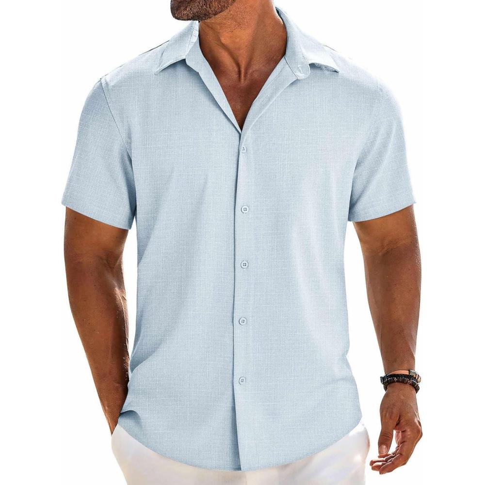 imageCOOFANDY Mens Button Down Shirt Short Sleeve Casual Shirts Beach Summer Linen Shirts Wedding Vacation ShirtPale Blue