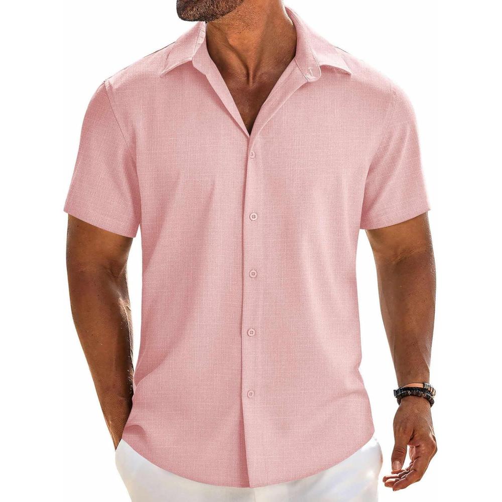 imageCOOFANDY Mens Button Down Shirt Short Sleeve Casual Shirts Beach Summer Linen Shirts Wedding Vacation ShirtPink