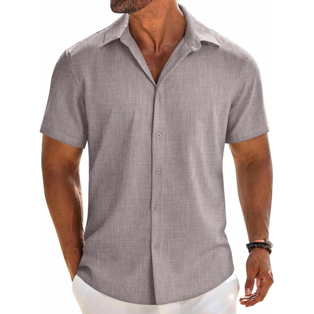 imageCOOFANDY Mens Button Down Shirt Short Sleeve Casual Shirts Beach Summer Linen Shirts Wedding Vacation ShirtStone