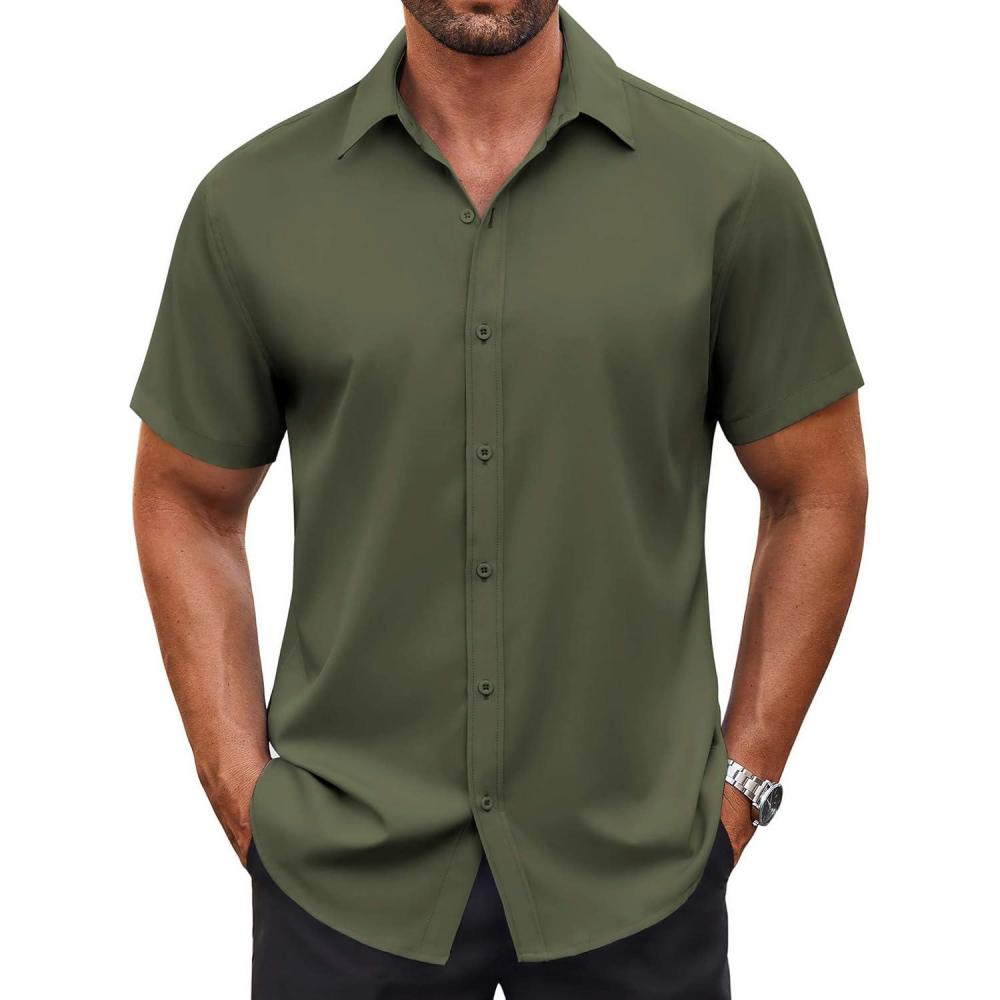 imageCOOFANDY Mens Button Down Shirt Short Sleeve Dress Shirt Casual Beach Summer Wedding ShirtArmy Green