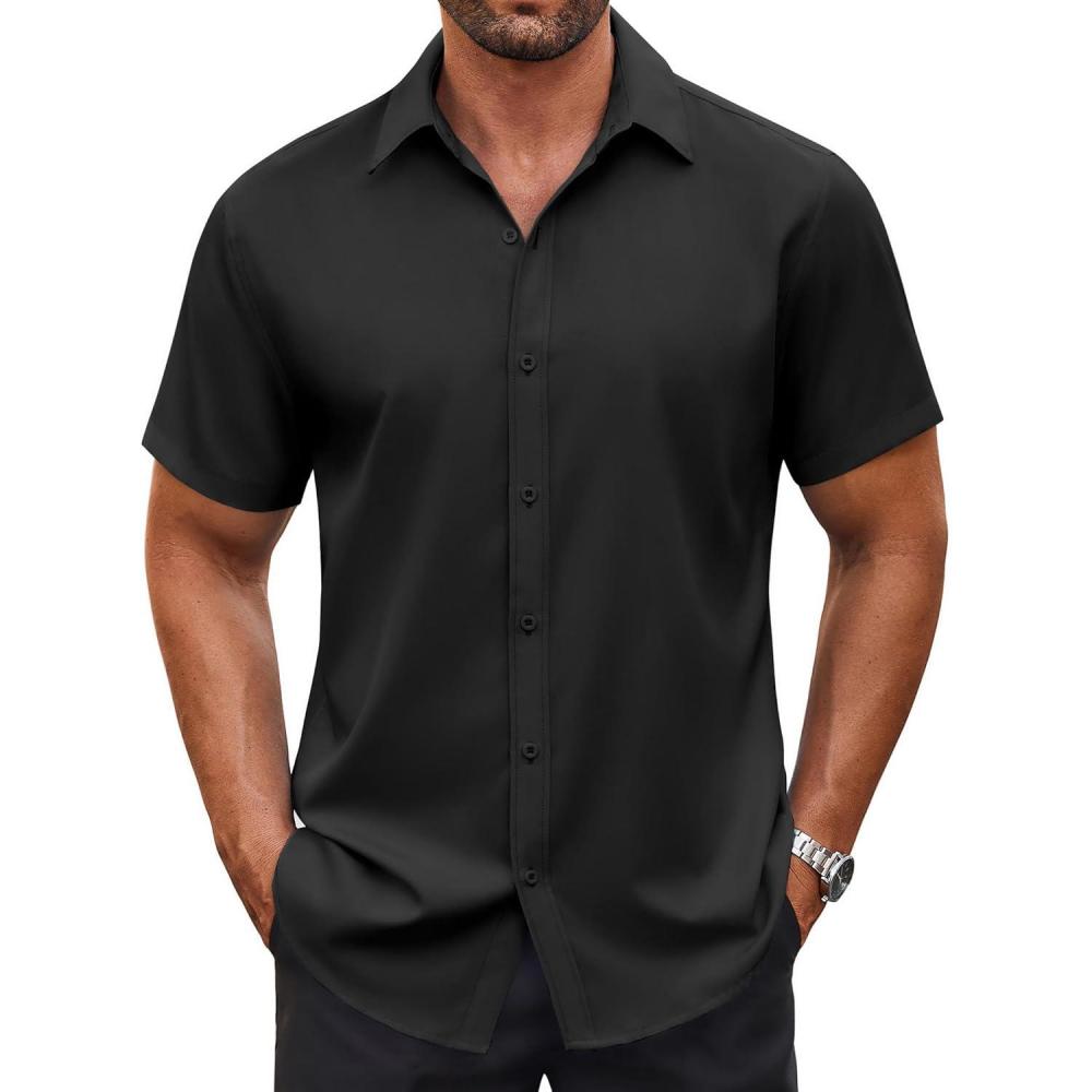 imageCOOFANDY Mens Button Down Shirt Short Sleeve Dress Shirt Casual Beach Summer Wedding ShirtBlack