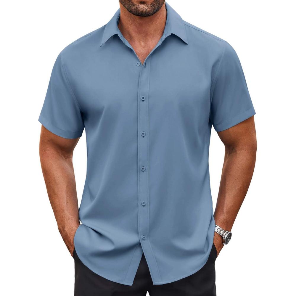 imageCOOFANDY Mens Button Down Shirt Short Sleeve Dress Shirt Casual Beach Summer Wedding ShirtGrey Blue