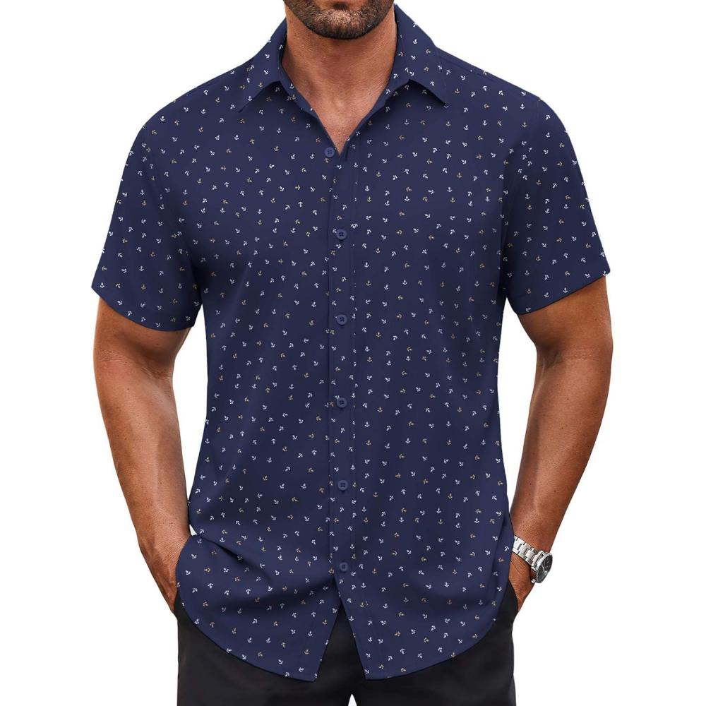 imageCOOFANDY Mens Button Down Shirt Short Sleeve Dress Shirt Casual Beach Summer Wedding ShirtNavy Blueanchor