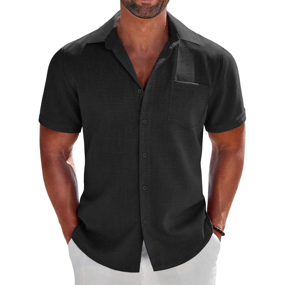 imageCOOFANDY Mens Button Down Shirts Short Sleeve Casual Shirts Summer Beach Linen Shirts with PocketBlack