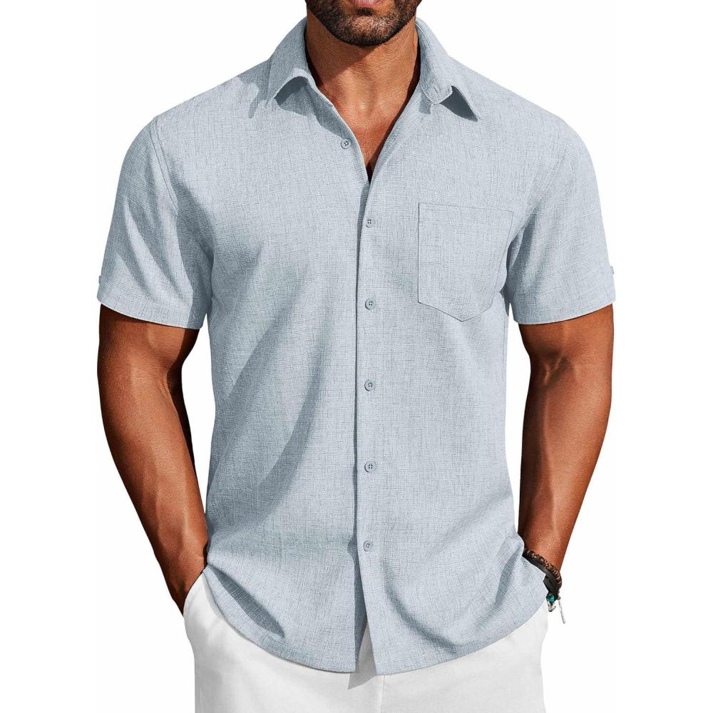 imageCOOFANDY Mens Button Down Shirts Short Sleeve Casual Shirts Summer Beach Linen Shirts with PocketBlue