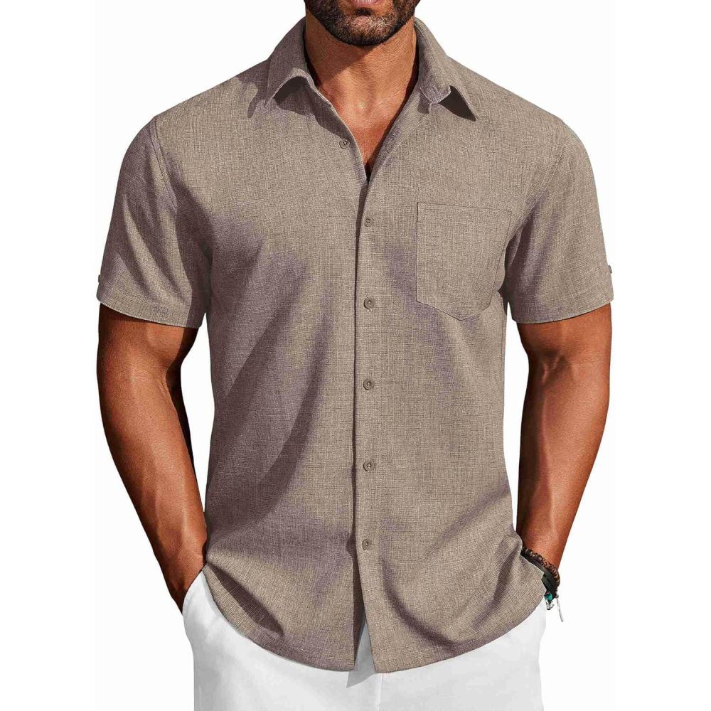 imageCOOFANDY Mens Button Down Shirts Short Sleeve Casual Shirts Summer Beach Linen Shirts with PocketBrown