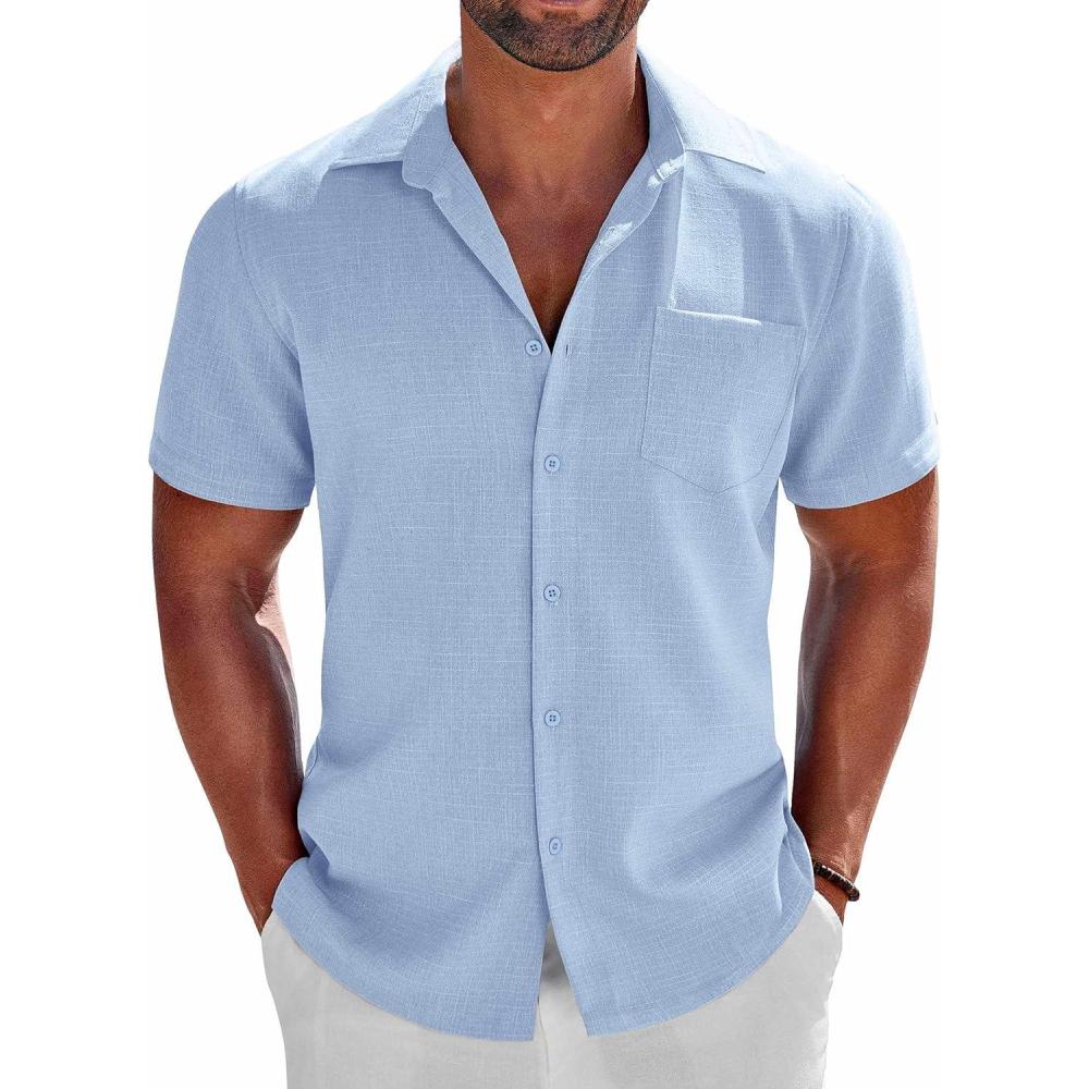 imageCOOFANDY Mens Button Down Shirts Short Sleeve Casual Shirts Summer Beach Linen Shirts with PocketClear Blue