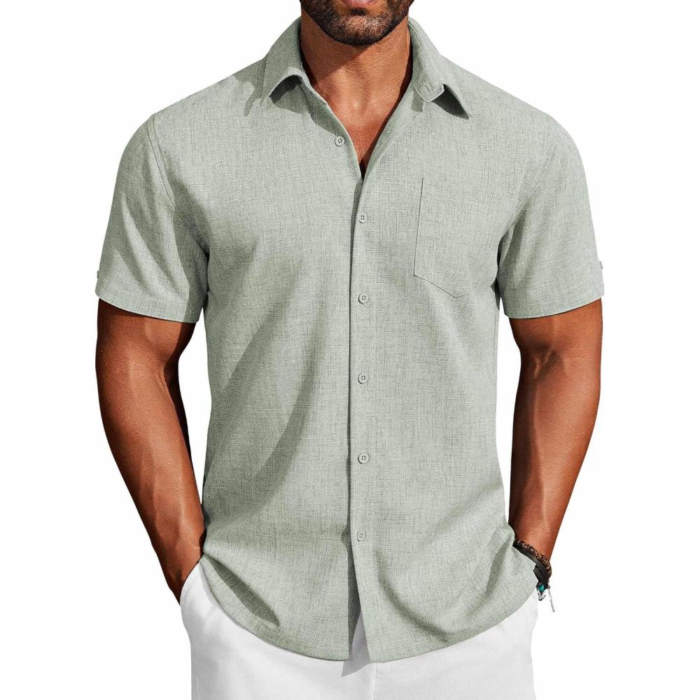 imageCOOFANDY Mens Button Down Shirts Short Sleeve Casual Shirts Summer Beach Linen Shirts with PocketGreen