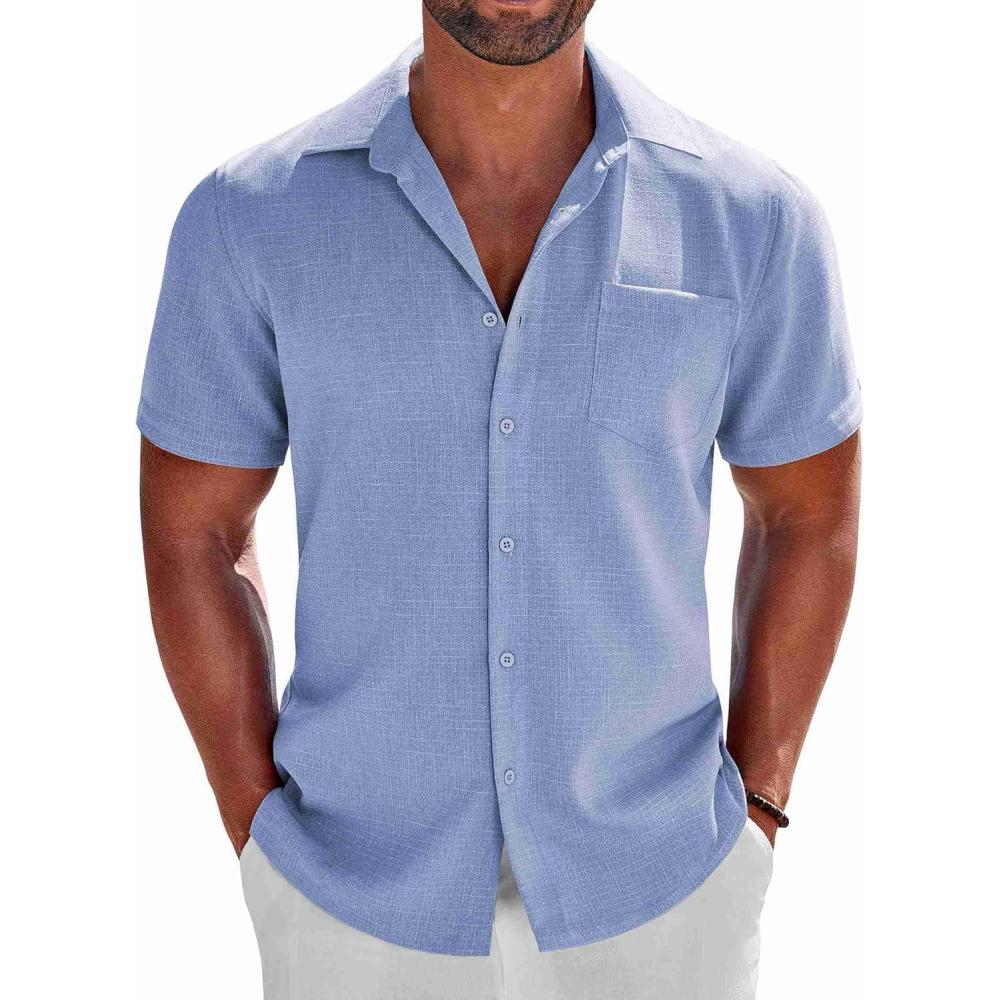 imageCOOFANDY Mens Button Down Shirts Short Sleeve Casual Shirts Summer Beach Linen Shirts with PocketLight Blue