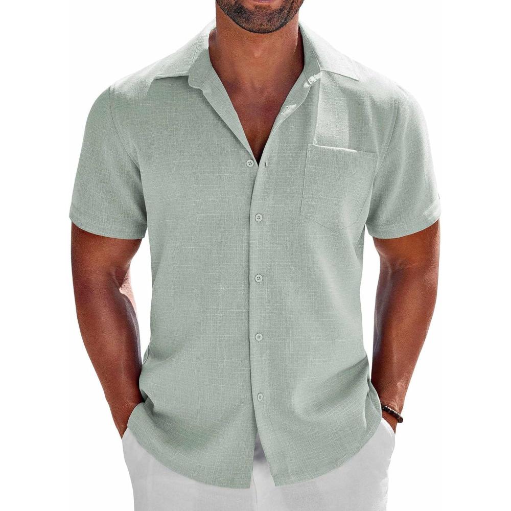 imageCOOFANDY Mens Button Down Shirts Short Sleeve Casual Shirts Summer Beach Linen Shirts with PocketLight Green