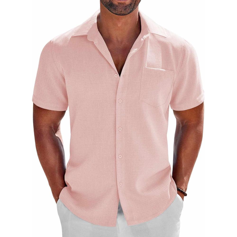 imageCOOFANDY Mens Button Down Shirts Short Sleeve Casual Shirts Summer Beach Linen Shirts with PocketLight Pink
