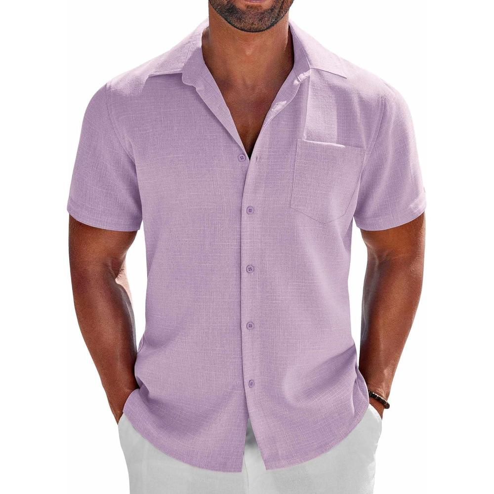 imageCOOFANDY Mens Button Down Shirts Short Sleeve Casual Shirts Summer Beach Linen Shirts with PocketLight Purple