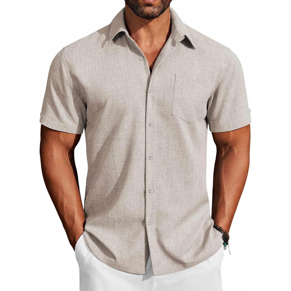imageCOOFANDY Mens Button Down Shirts Short Sleeve Casual Shirts Summer Beach Linen Shirts with PocketStone