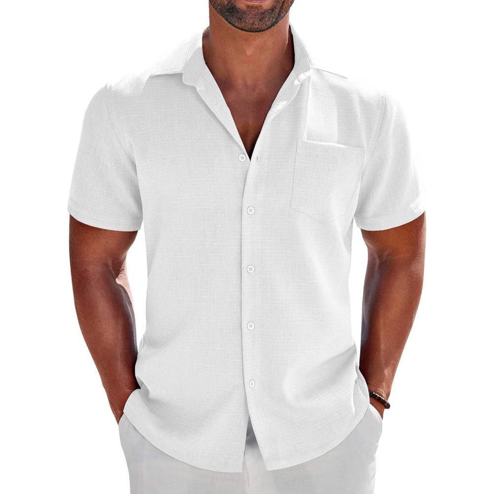 imageCOOFANDY Mens Button Down Shirts Short Sleeve Casual Shirts Summer Beach Linen Shirts with PocketWhite