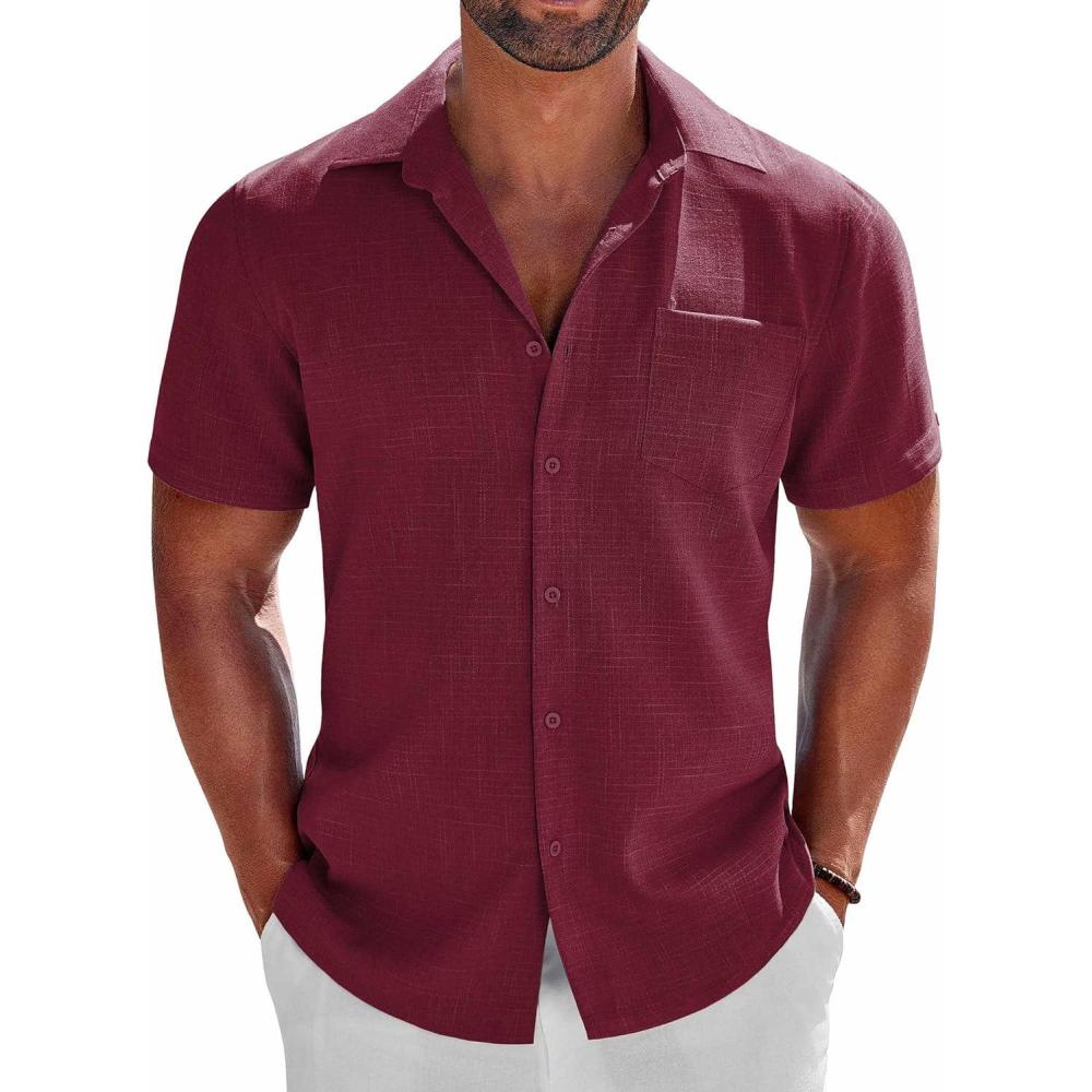 imageCOOFANDY Mens Button Down Shirts Short Sleeve Casual Shirts Summer Beach Linen Shirts with PocketWine Red