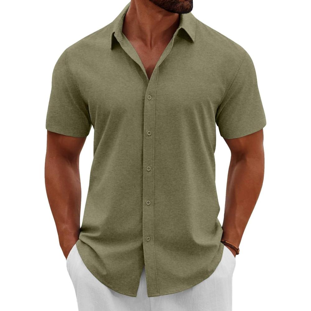 imageCOOFANDY Mens Button Down Shirts Short Sleeve Casual Summer Beach Shirts Vacation Wedding ShirtsArmy Green