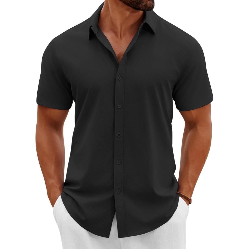 imageCOOFANDY Mens Button Down Shirts Short Sleeve Casual Summer Beach Shirts Vacation Wedding ShirtsBlack