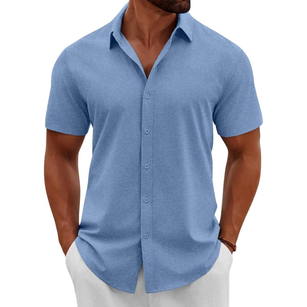imageCOOFANDY Mens Button Down Shirts Short Sleeve Casual Summer Beach Shirts Vacation Wedding ShirtsDenim Blue