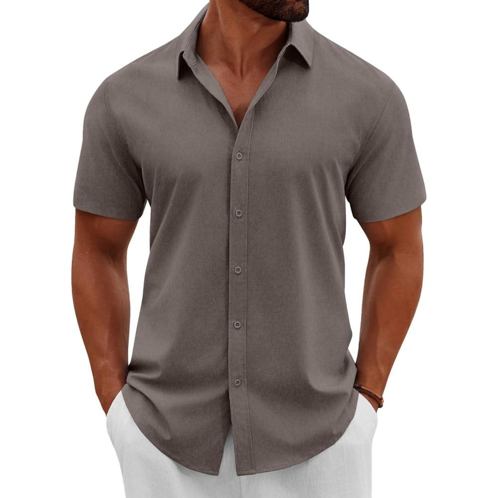 imageCOOFANDY Mens Button Down Shirts Short Sleeve Casual Summer Beach Shirts Vacation Wedding ShirtsLight Brown
