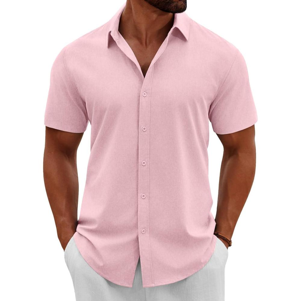imageCOOFANDY Mens Button Down Shirts Short Sleeve Casual Summer Beach Shirts Vacation Wedding ShirtsPink