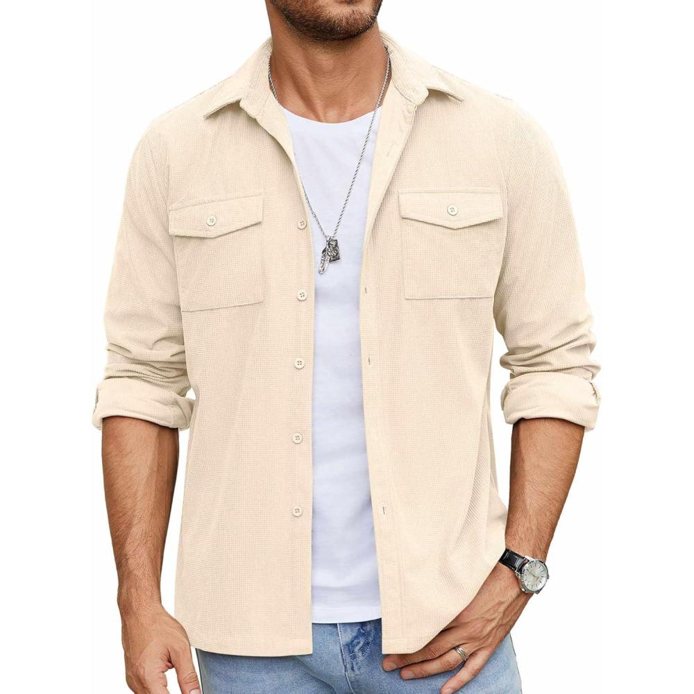 imageCOOFANDY Mens Button Down Waffle Shirt Jacket Casual Long Sleeve Shacket Lightweight Overshirts with Flap PocketsBeige
