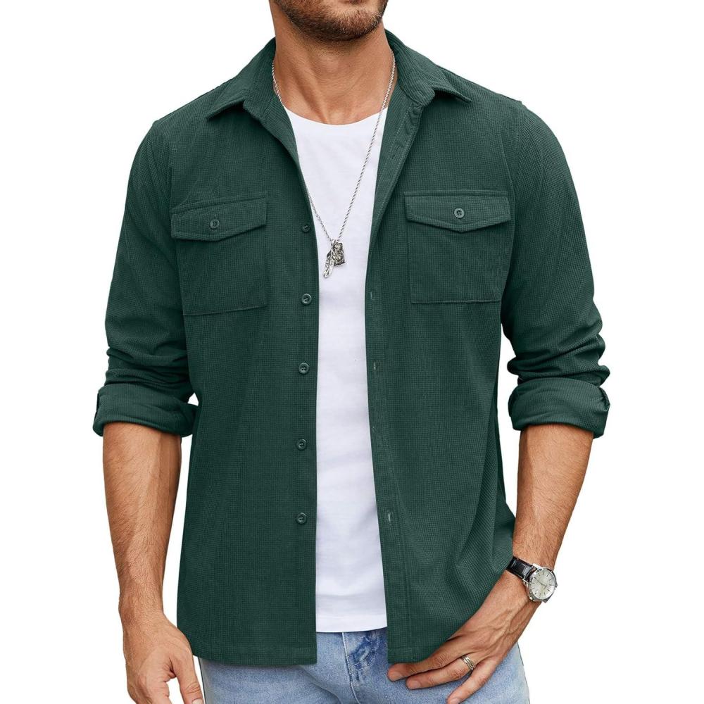 imageCOOFANDY Mens Button Down Waffle Shirt Jacket Casual Long Sleeve Shacket Lightweight Overshirts with Flap PocketsDark Green