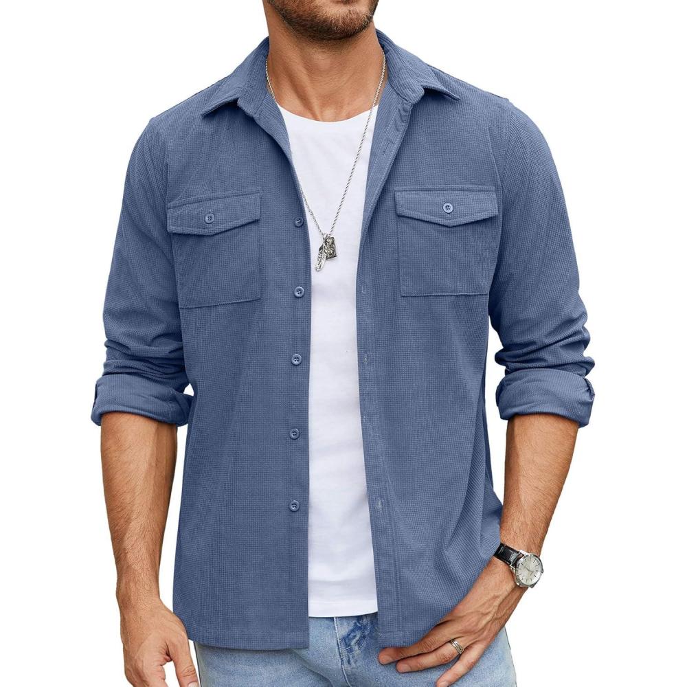 imageCOOFANDY Mens Button Down Waffle Shirt Jacket Casual Long Sleeve Shacket Lightweight Overshirts with Flap PocketsDenim Blue