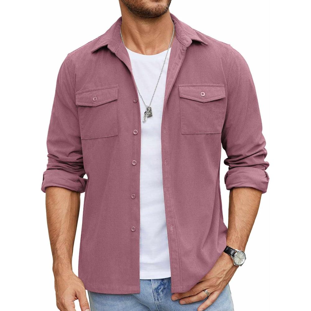 imageCOOFANDY Mens Button Down Waffle Shirt Jacket Casual Long Sleeve Shacket Lightweight Overshirts with Flap PocketsGray Purple