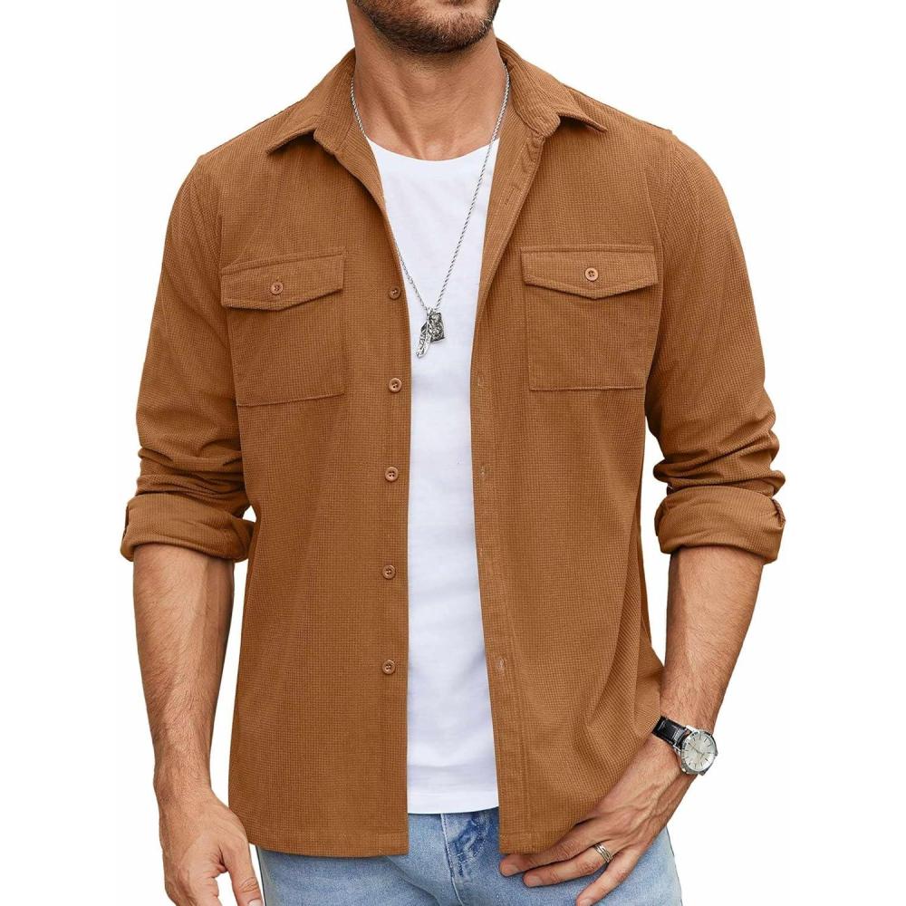imageCOOFANDY Mens Button Down Waffle Shirt Jacket Casual Long Sleeve Shacket Lightweight Overshirts with Flap PocketsLight Brown