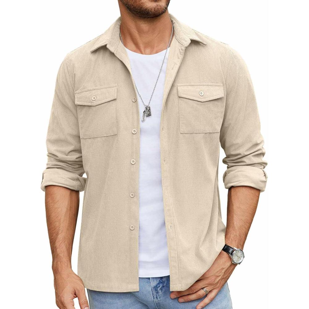 imageCOOFANDY Mens Button Down Waffle Shirt Jacket Casual Long Sleeve Shacket Lightweight Overshirts with Flap PocketsLight Khaki