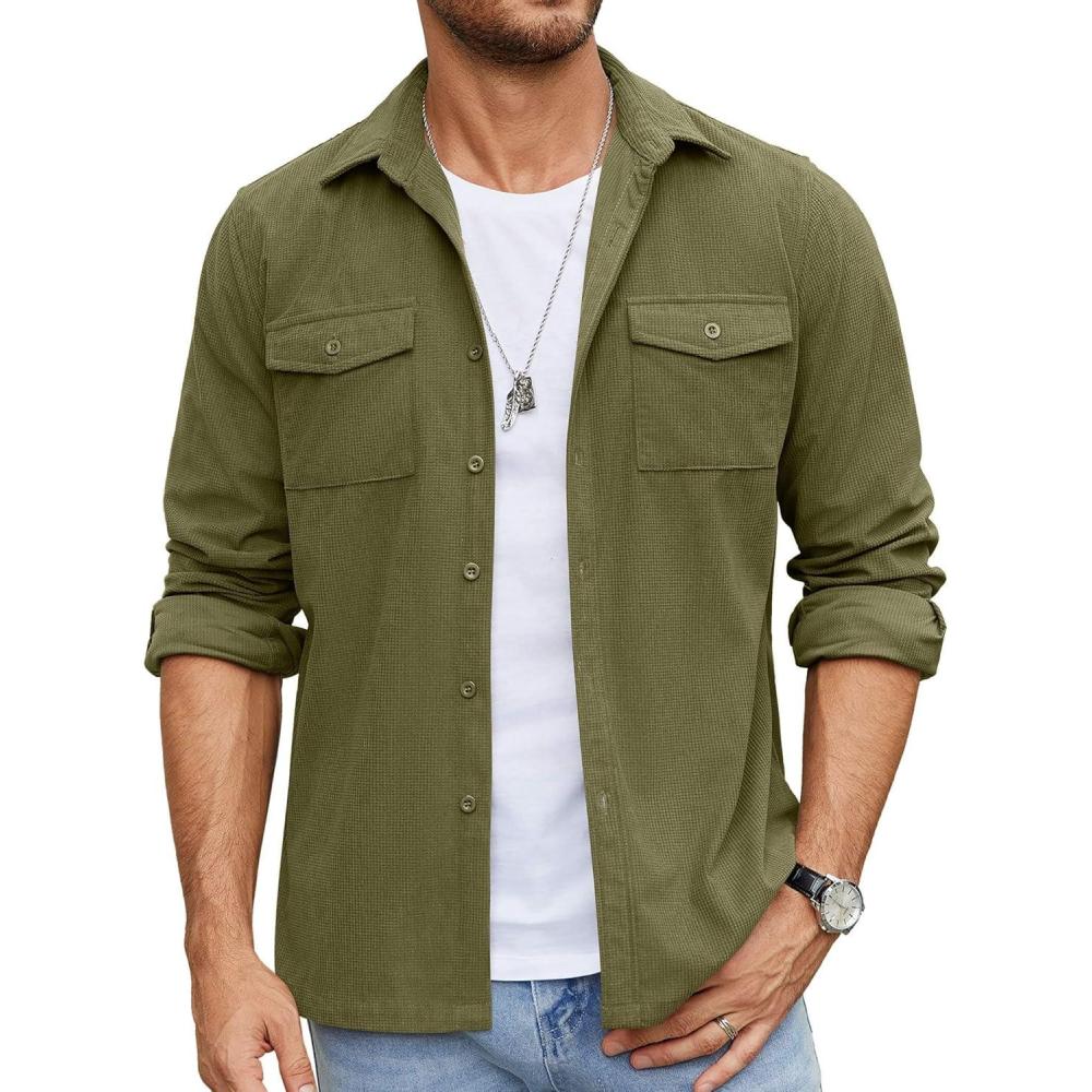 imageCOOFANDY Mens Button Down Waffle Shirt Jacket Casual Long Sleeve Shacket Lightweight Overshirts with Flap PocketsOlive Green