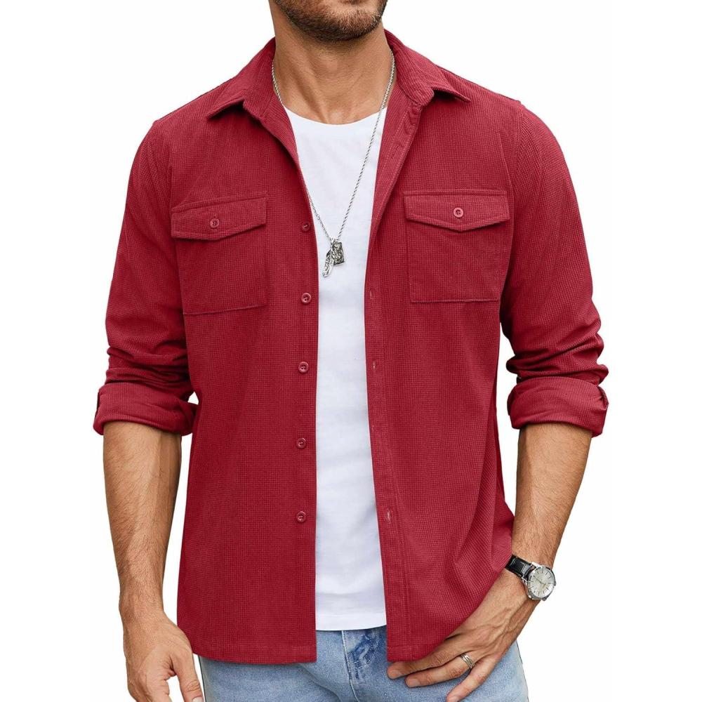 imageCOOFANDY Mens Button Down Waffle Shirt Jacket Casual Long Sleeve Shacket Lightweight Overshirts with Flap PocketsWine Red
