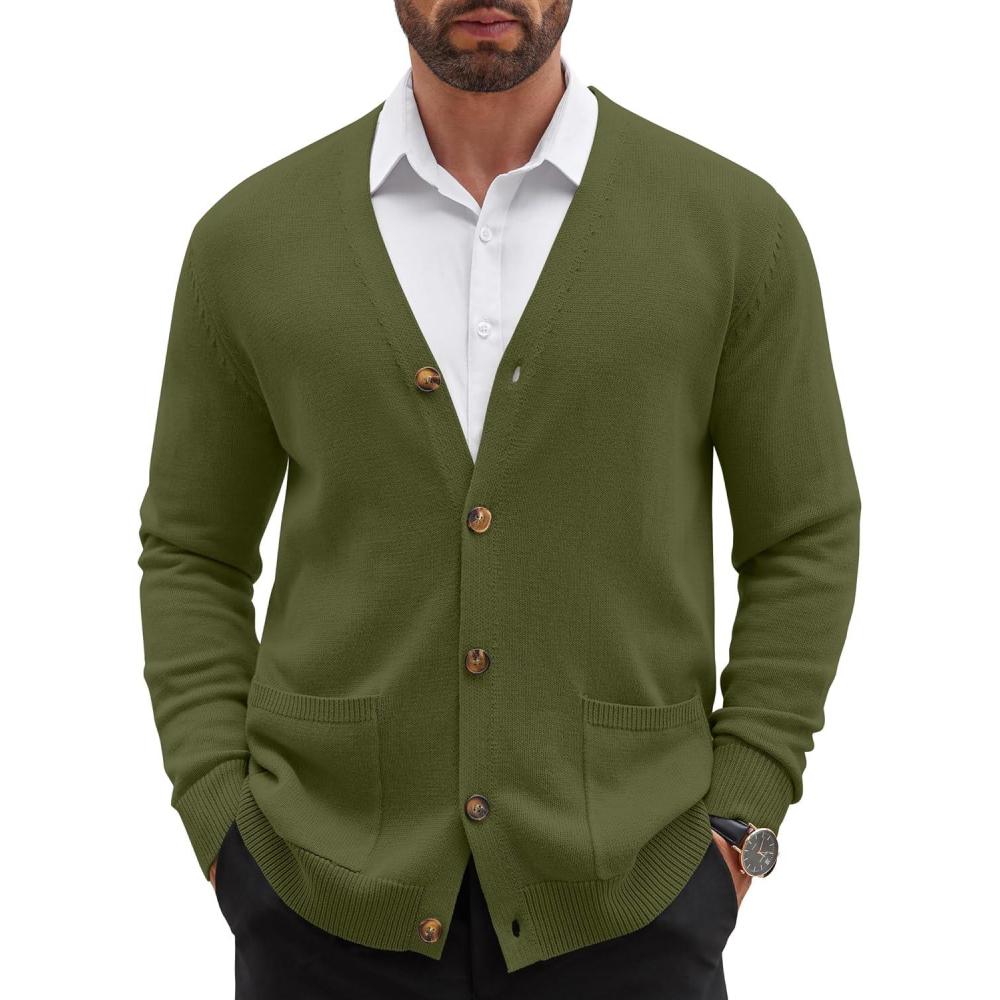 imageCOOFANDY Mens Cardigan Sweater Long Sleeve Casual V Neck Button Down Knitted Sweater with PocketsArmy Green