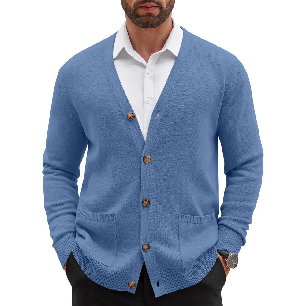 imageCOOFANDY Mens Cardigan Sweater Long Sleeve Casual V Neck Button Down Knitted Sweater with PocketsBlue