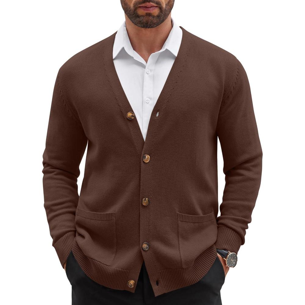 imageCOOFANDY Mens Cardigan Sweater Long Sleeve Casual V Neck Button Down Knitted Sweater with PocketsBrown