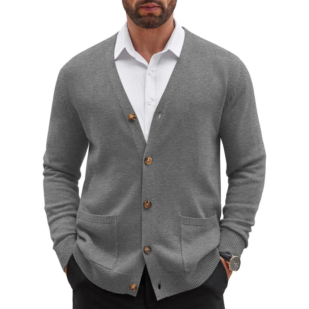 imageCOOFANDY Mens Cardigan Sweater Long Sleeve Casual V Neck Button Down Knitted Sweater with PocketsGrey