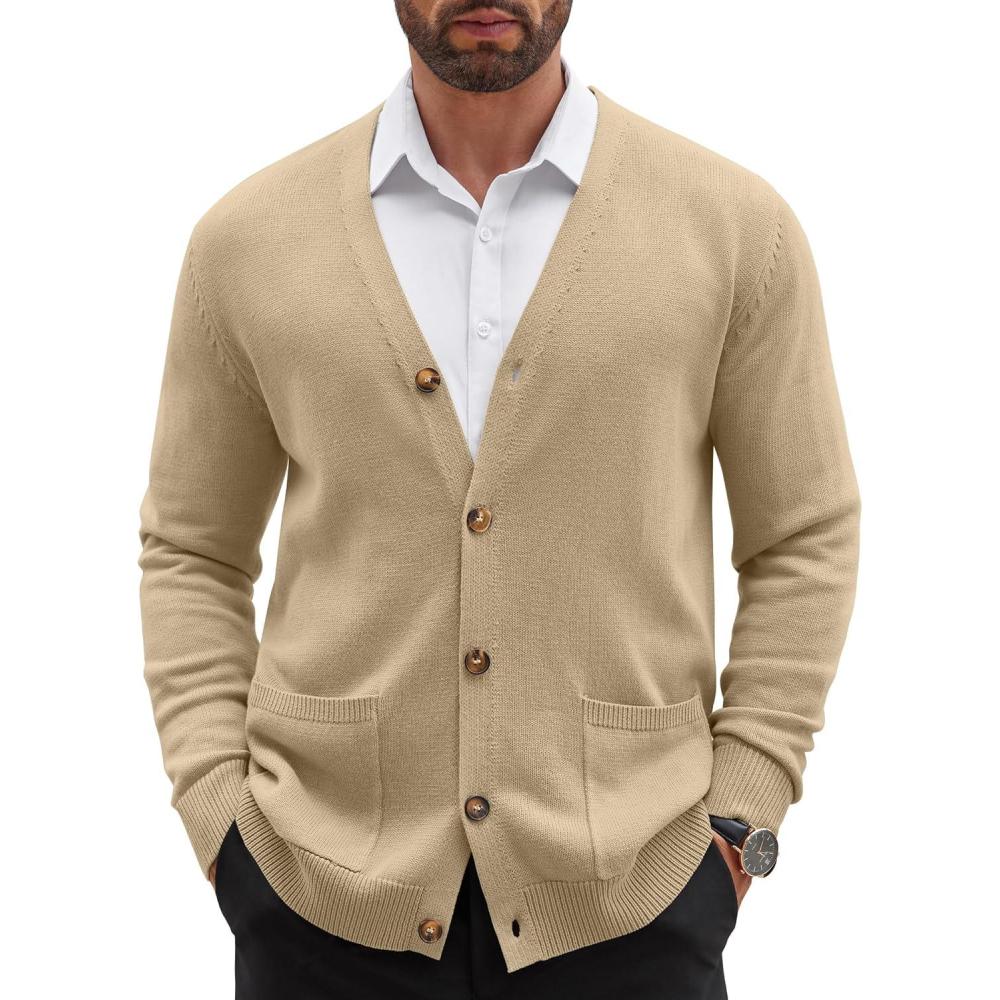 imageCOOFANDY Mens Cardigan Sweater Long Sleeve Casual V Neck Button Down Knitted Sweater with PocketsKhaki