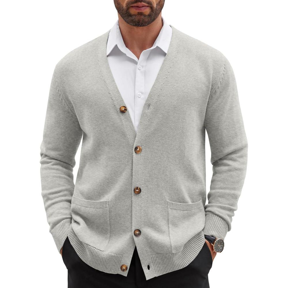 imageCOOFANDY Mens Cardigan Sweater Long Sleeve Casual V Neck Button Down Knitted Sweater with PocketsLight Grey