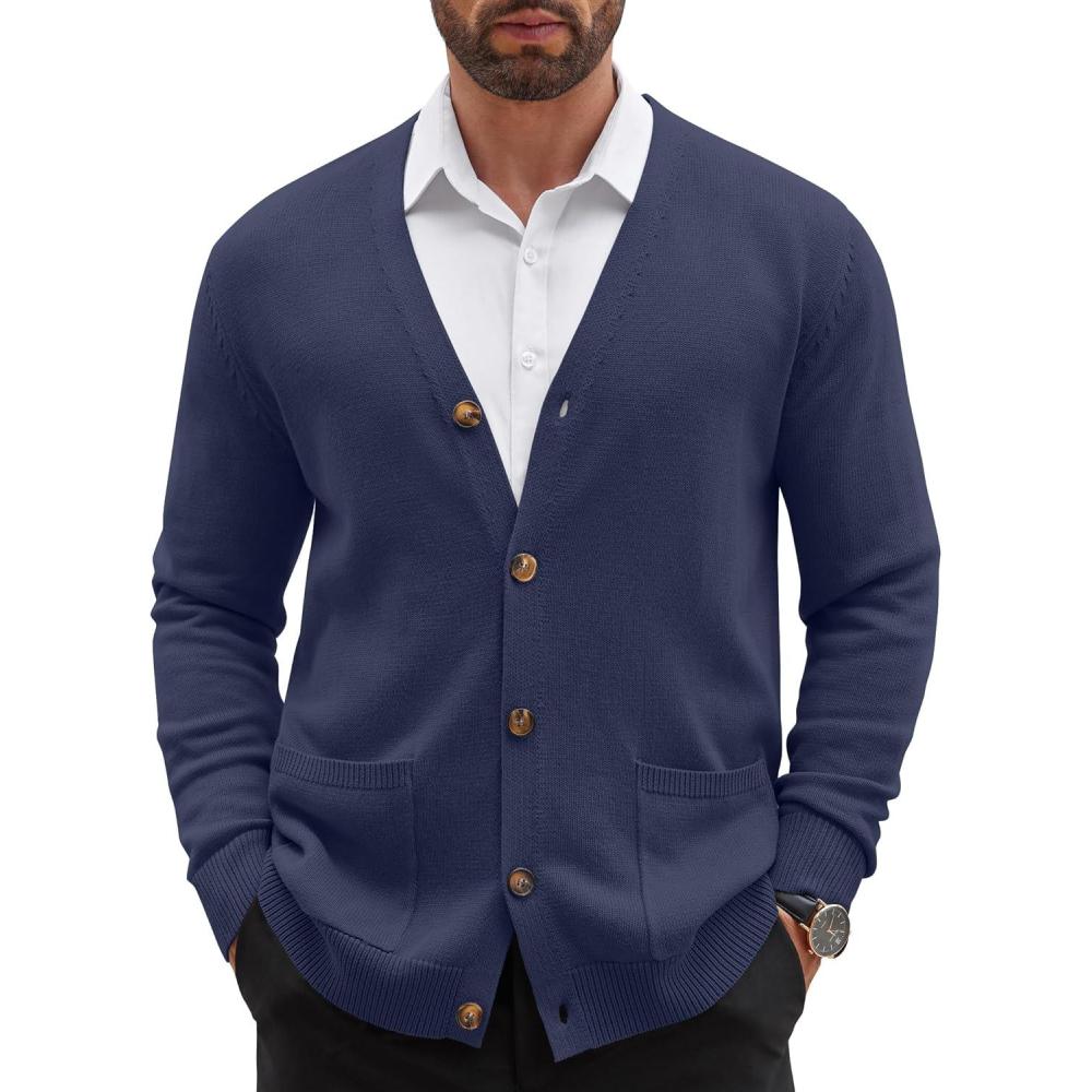 imageCOOFANDY Mens Cardigan Sweater Long Sleeve Casual V Neck Button Down Knitted Sweater with PocketsNavy Blue