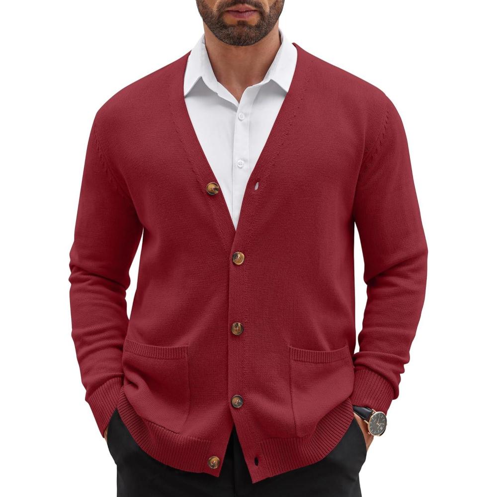 imageCOOFANDY Mens Cardigan Sweater Long Sleeve Casual V Neck Button Down Knitted Sweater with PocketsWine Red