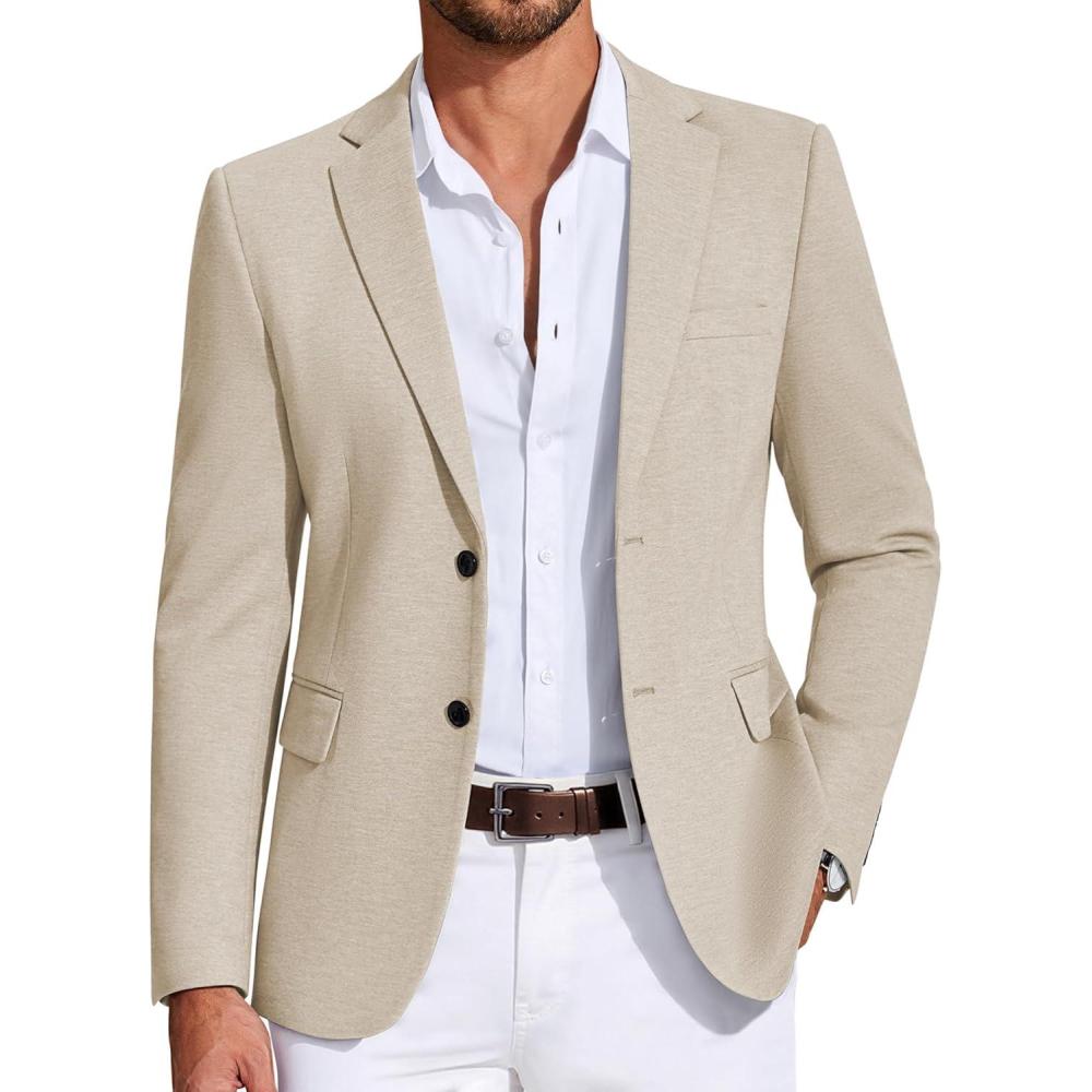 imageCOOFANDY Mens Casual Blazer Knit Sport Coat Lightweight Two Button Suit JacketLight Khaki