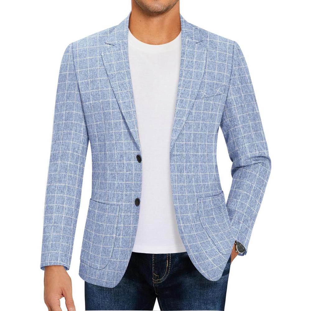 imageCOOFANDY Mens Casual Blazer Slim Fit Sport Coat Lightweight Two Button Suit JacketsPlaid Blazer Sky Blue