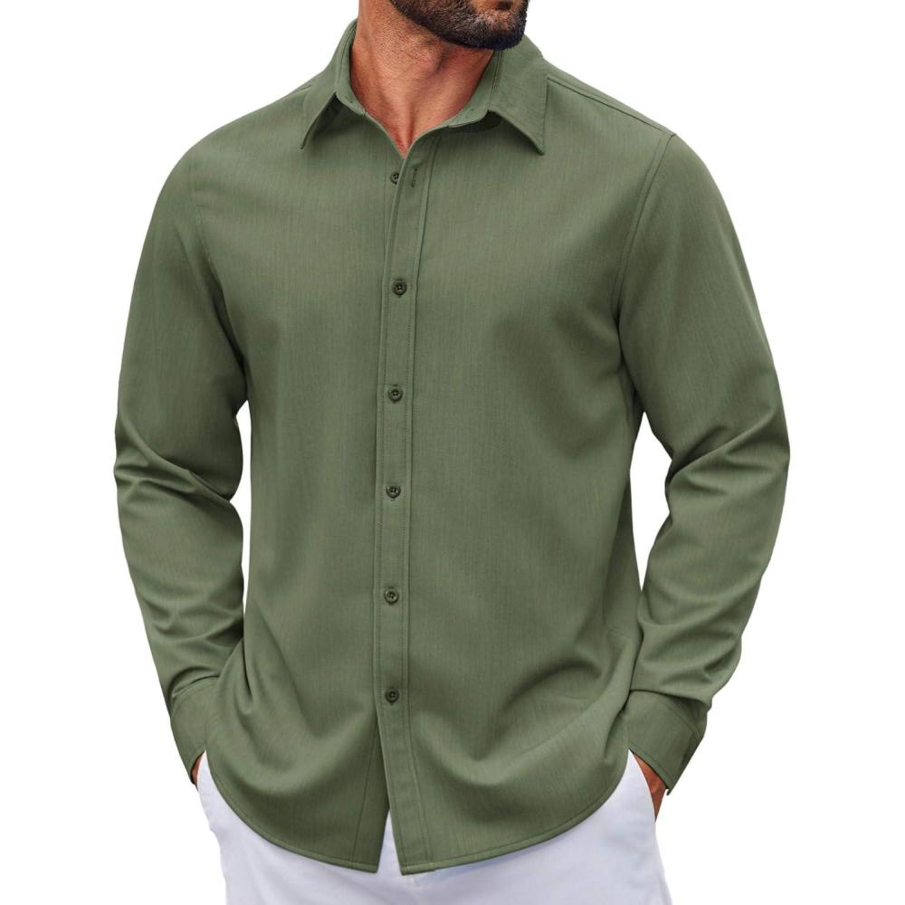 imageCOOFANDY Mens Casual Button Down Shirt Long Sleeve Untucked Shirt Wrinkle Free Denim Dress ShirtArmy Green