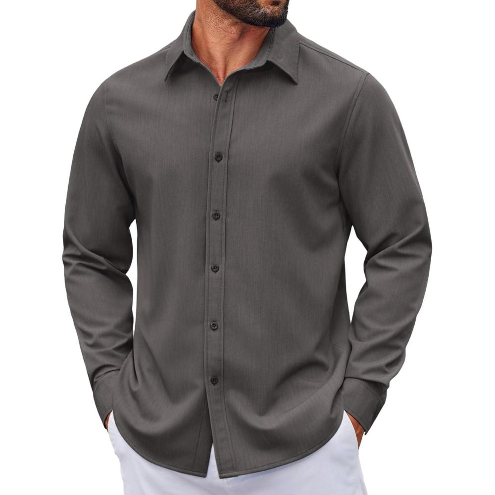 imageCOOFANDY Mens Casual Button Down Shirt Long Sleeve Untucked Shirt Wrinkle Free Denim Dress ShirtDark Grey