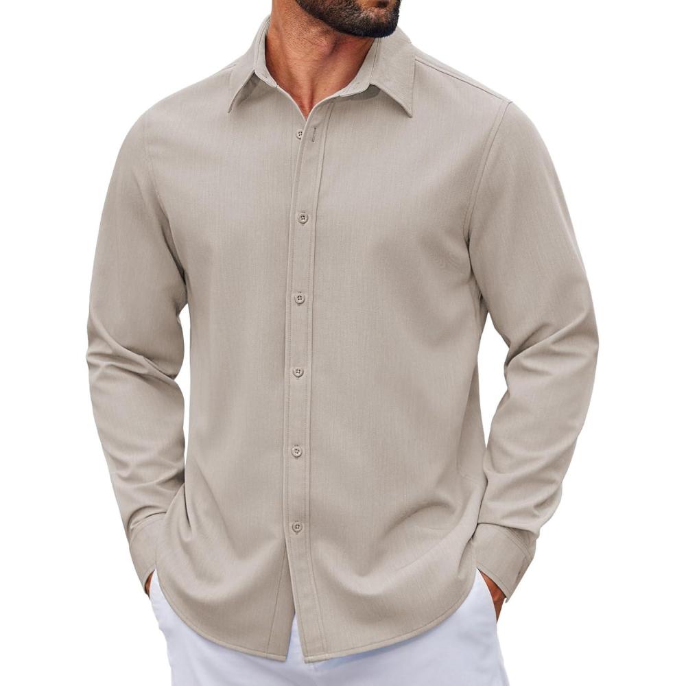 imageCOOFANDY Mens Casual Button Down Shirt Long Sleeve Untucked Shirt Wrinkle Free Denim Dress ShirtLight Khaki