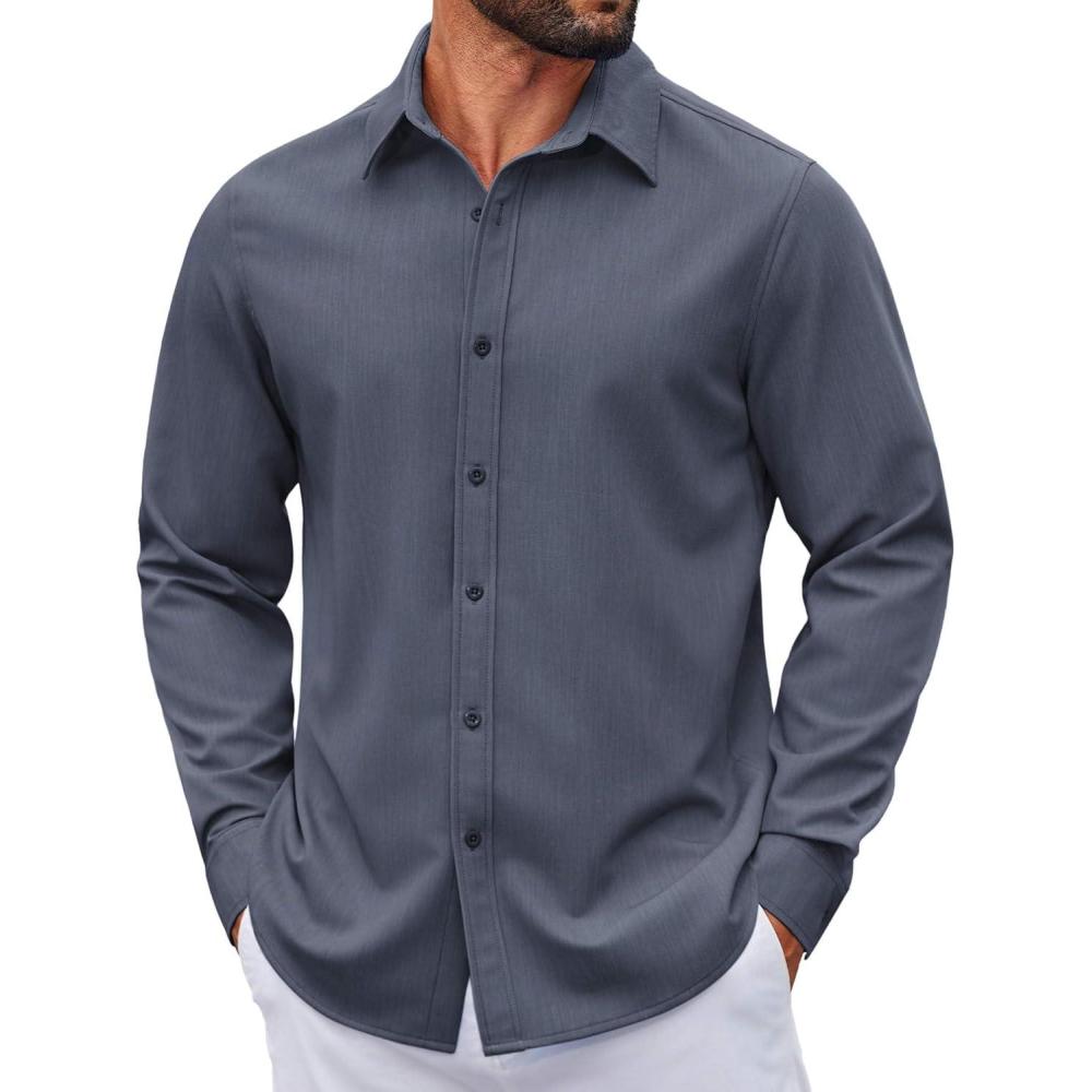 imageCOOFANDY Mens Casual Button Down Shirt Long Sleeve Untucked Shirt Wrinkle Free Denim Dress ShirtNavy Blue