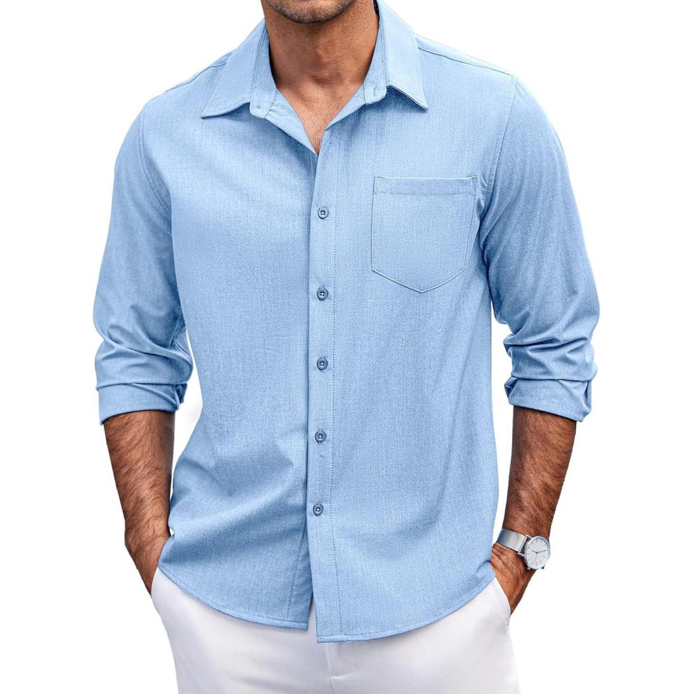 imageCOOFANDY Mens Casual Button Down Shirts Long Sleeve Untucked Shirts Regular Fit Linen ShirtBlue