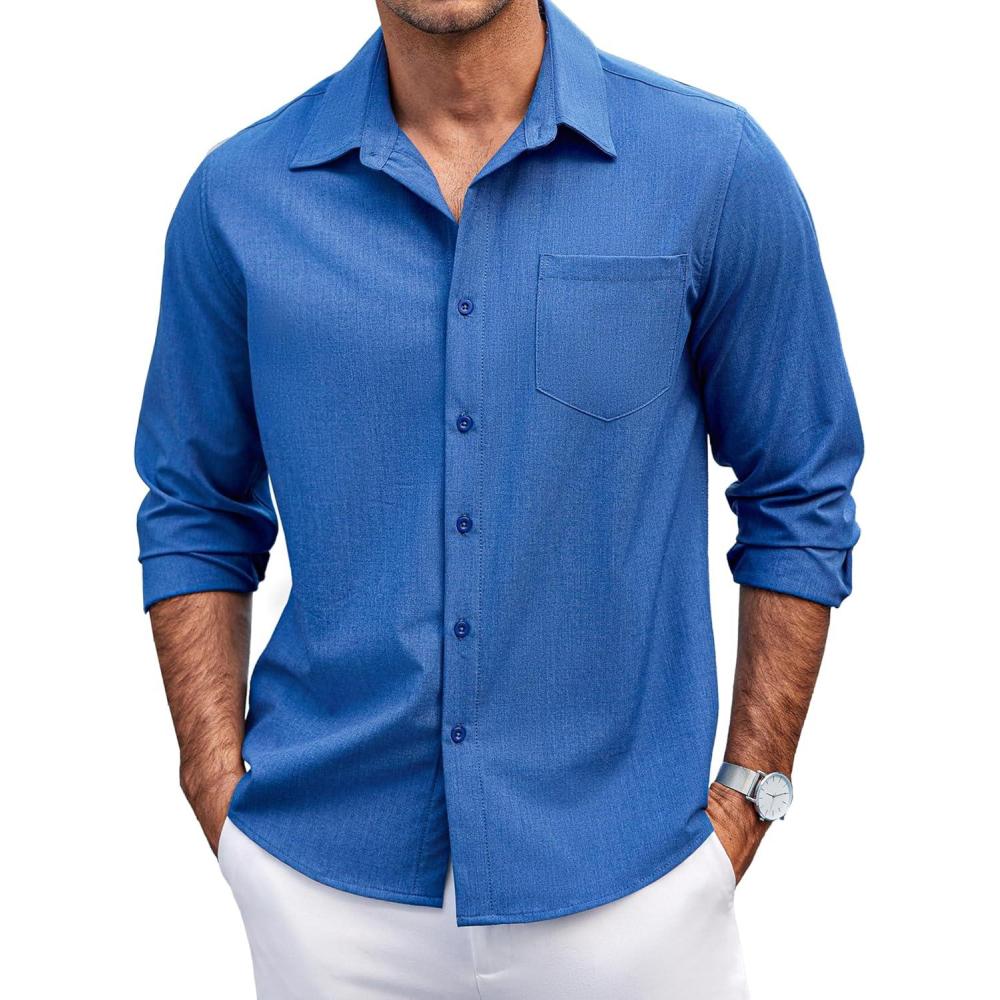 imageCOOFANDY Mens Casual Button Down Shirts Long Sleeve Untucked Shirts Regular Fit Linen ShirtDark Blue