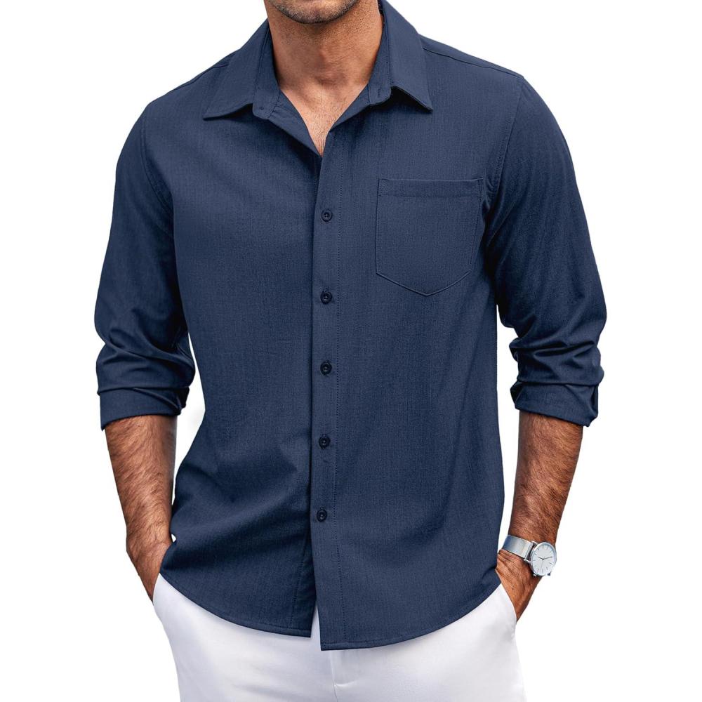 imageCOOFANDY Mens Casual Button Down Shirts Long Sleeve Untucked Shirts Regular Fit Linen ShirtNavy Blue